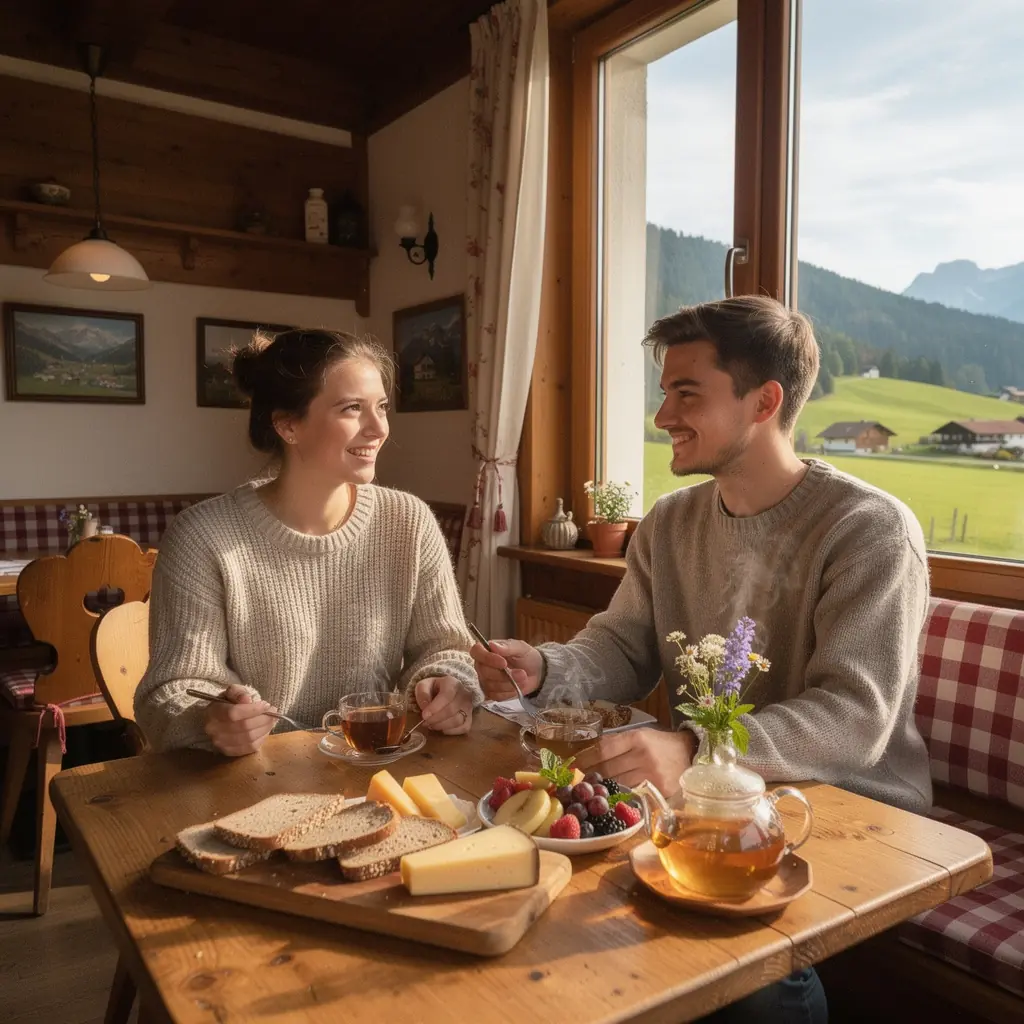 Eine Auswahl an Vollkornprodukten und saisonalem Obst auf einem Holztisch, ideal für eine ausgewogene Ernährung.