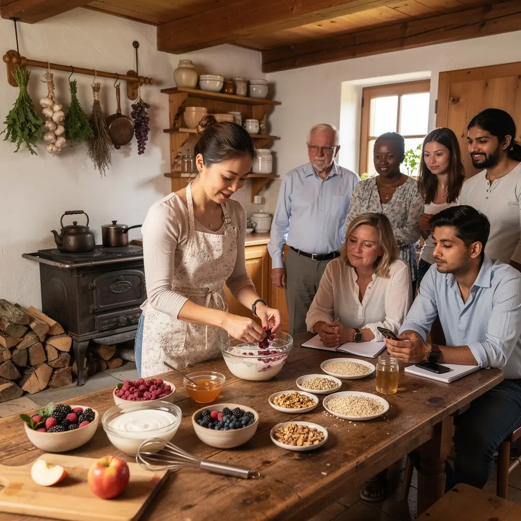 Eine Gruppe von Teilnehmern, die gemeinsam an einem Kochkurs für gesunde Ernährung teilnehmen.
