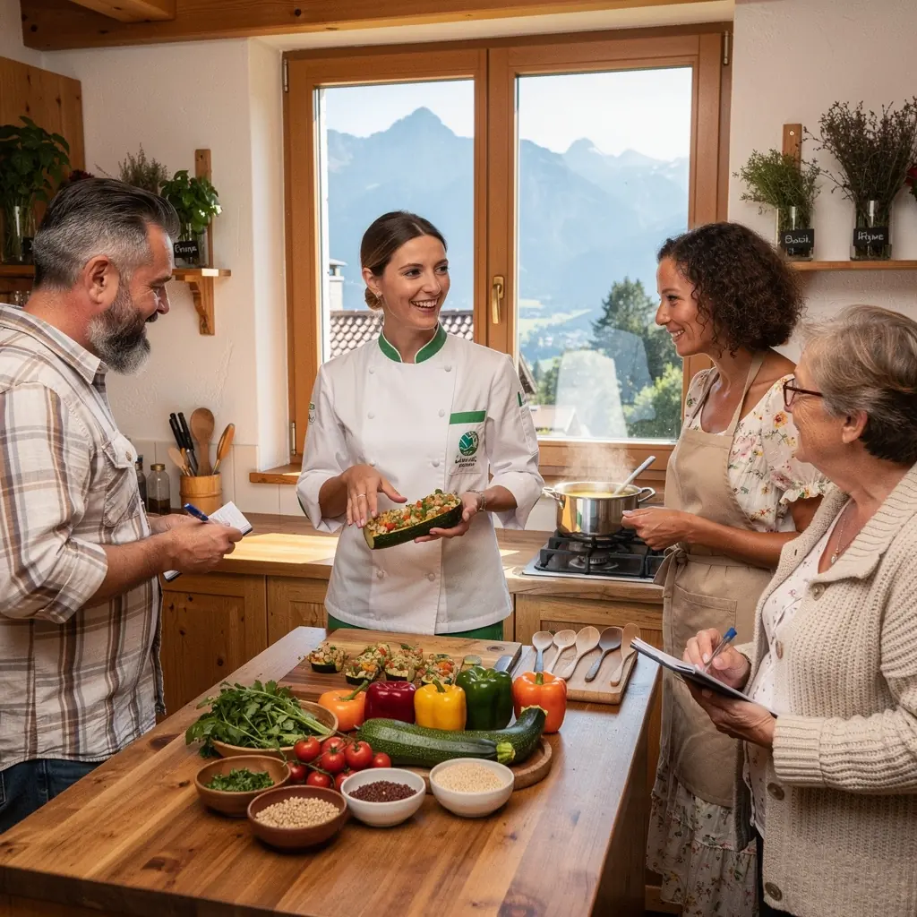Eine Gruppe von Teilnehmern, die zusammen in einer modernen Küche kochen und lachen.