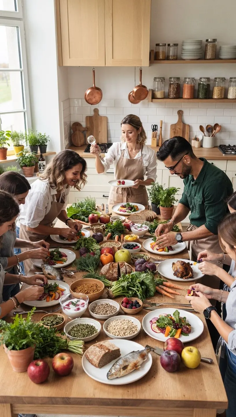 Ein bunter Teller mit frischem Gemüse und magerem Fleisch, der gesunde österreichische Küche repräsentiert.