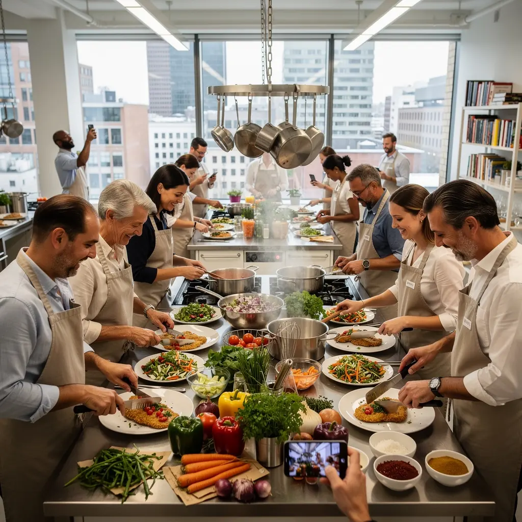 Ein gemГјtlicher Esstisch, gedeckt mit einer ausgewogenen Mahlzeit aus regionalen SpezialitГ¤ten und Salaten.