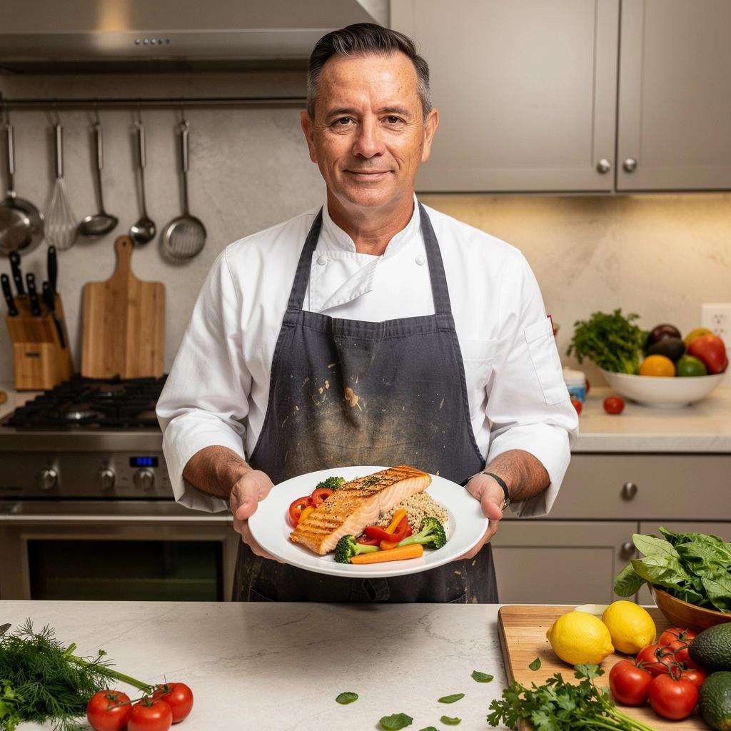 Ein Koch, der eine gesunde Mahlzeit in einer Pfanne zubereitet, umgeben von frischen Zutaten.